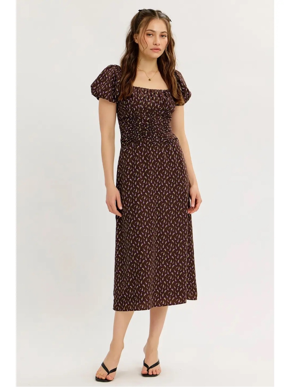 (708) Vintage Inspired Floral Midi Dress with Gathering - L - NWT - Picture 2 of 5